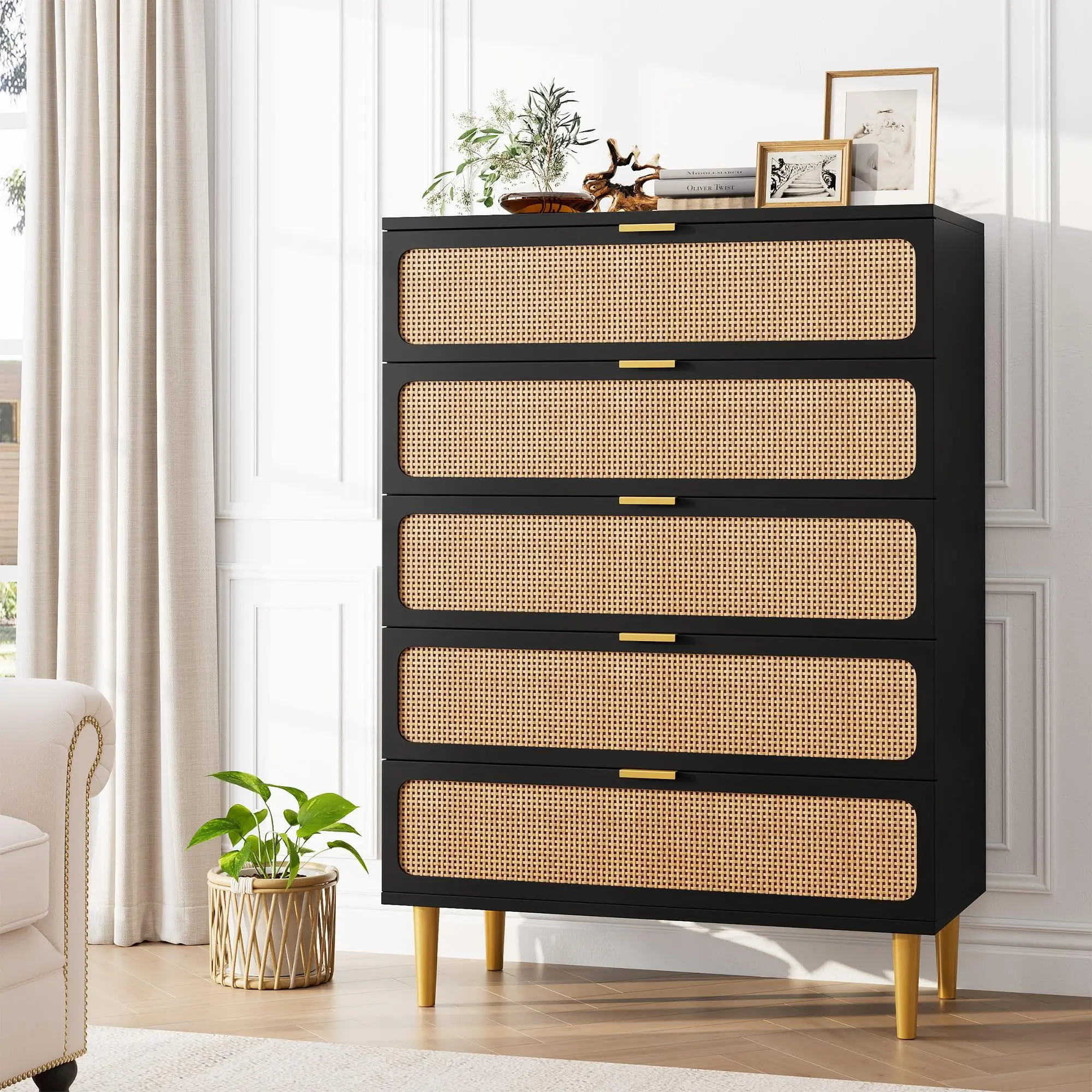 【Christmas Gift】5 Drawer Dresser for Bedroom  Rattan Chest of Drawers with Deep Drawers  Modern Large Double Dresser for Closet with Wide Top  Horizontal Wooden Dresser for Living Room  Hallway  Black