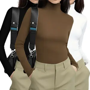 Women's 3pcs Slim Fit Turtleneck Thermal Tops - Long Sleeve Soft Ruched Crop Tees Chic Loungewear Sleepwear for Spring Fall Casual Matching