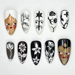 Black and White Press On Nails, Hand Painted False Nails, Handmade Reusable Gel Acrylic Press On Nails, Minimalist Chic Aesthetic Gift