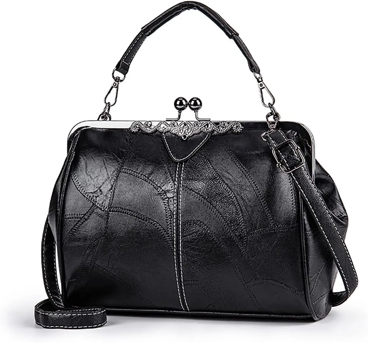 Women Vintage Hollow Handbag Oil Leather Shoulder Crossbody Bag Clutch Satchel Purse with Kiss Lock Closure