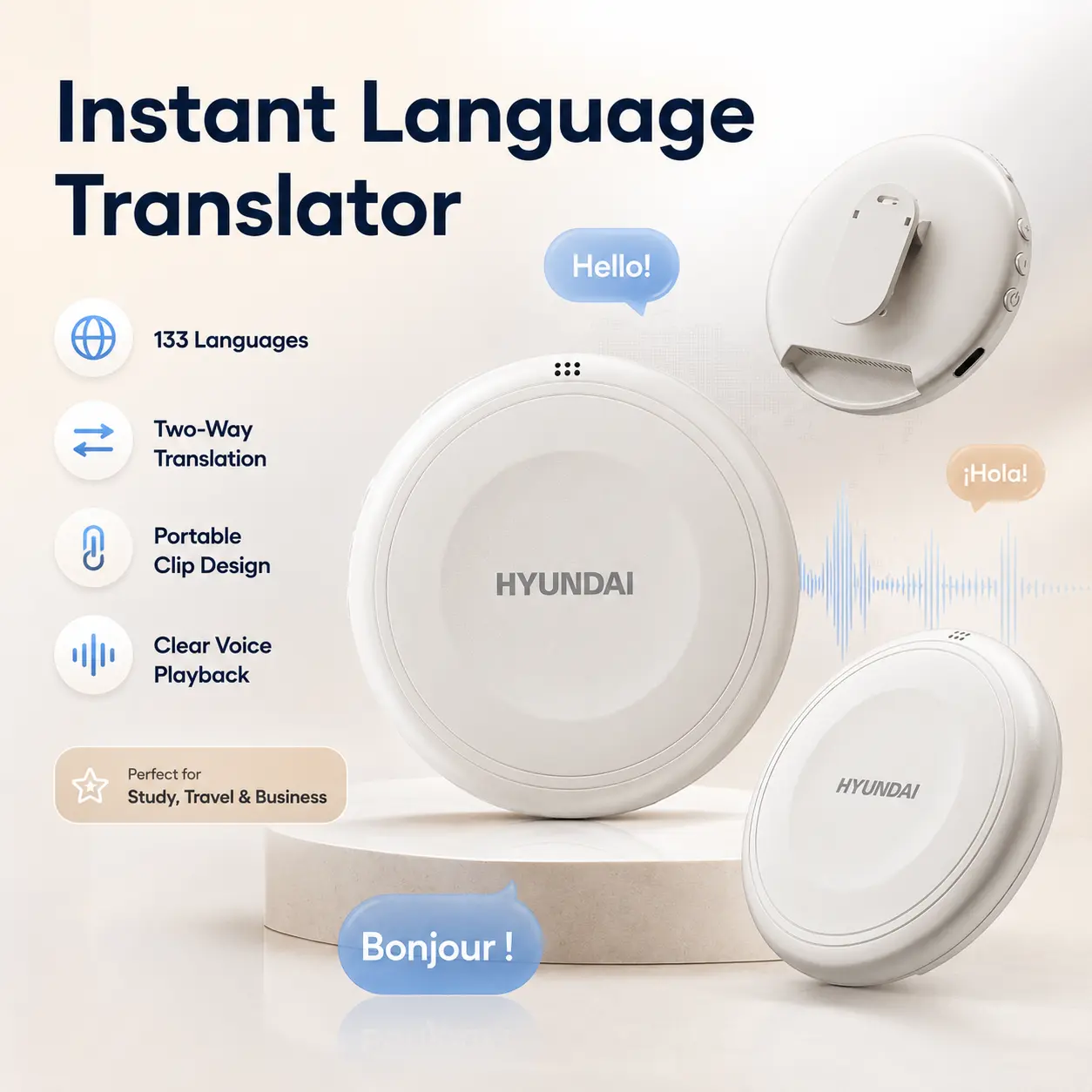 HYUNDAI TS1 Smart Translator & Learning Companion Speaker, Supports 133 Languages, AI Voice Interaction for Language Practice, Travel, Business & Family Learning, Portable Audio Companion for Kids & Adults