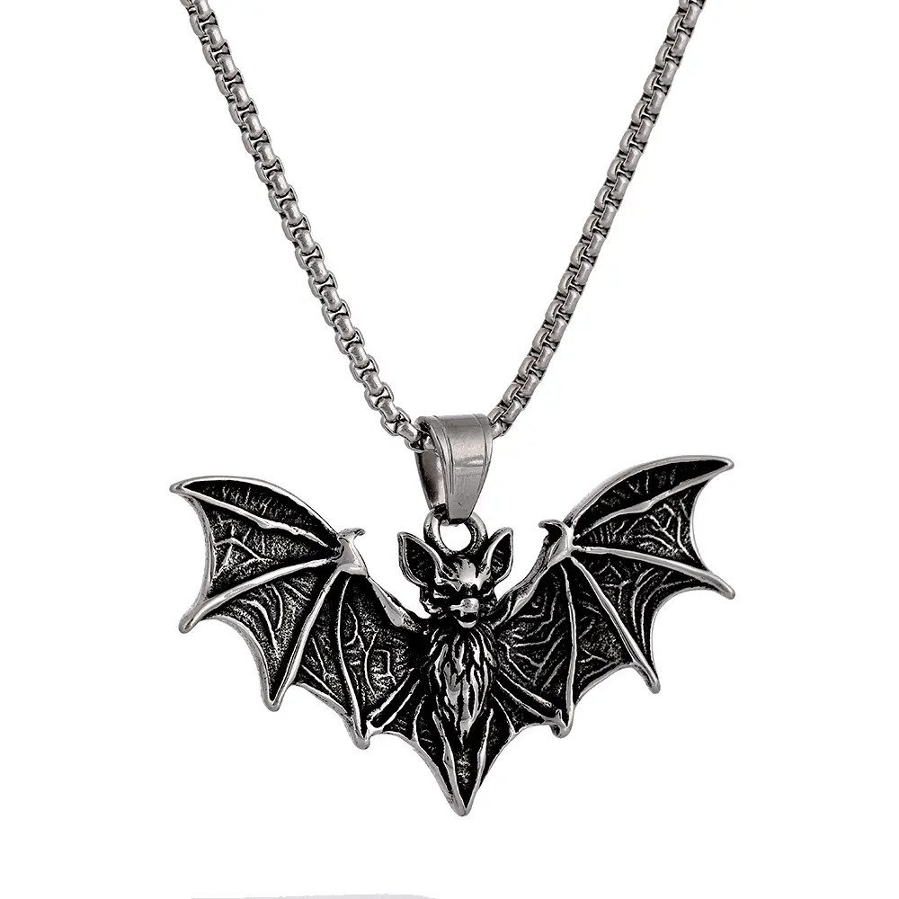 Unisex Punk Stainless Steel Chain Bat Necklace - Long Gothic Vampire Bat Pendant, Halloween Costume Jewelry Accessory
