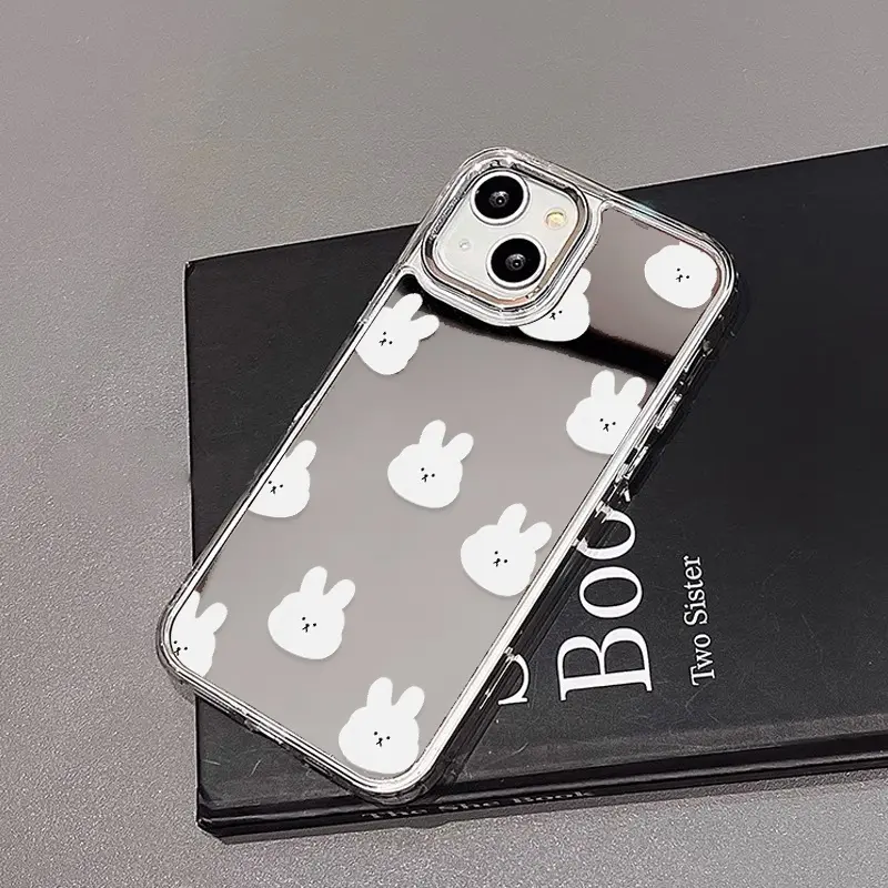 Cute Bunny Mirror Case for Girls Women Makeup, Glossy Hard Back Clear Soft TPU Bumper Protective Case for For iPhone16 15 14 13 12 11 16pro Max