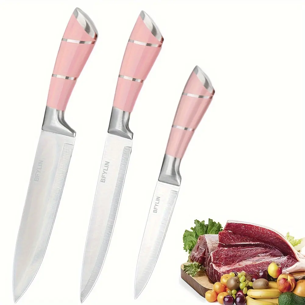 3PCS Chef Knife Set, Professional Sharp Japanese Kitchen Knife, 7Cr17Mov German High Carbon Stainless Steel 8 inch chef's knives, 8 inch slicing knife, 5 inch Knife Utility Knife Pink
