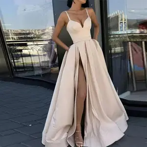 2025 sleepveless solid color evening gown-slim fit satin train dress for women formal party wedding guest dress Sleeveless Comfort Womenswear Workwear
