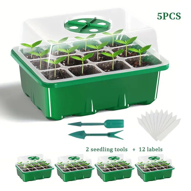 5-Pack Durable Growing Tray Set - 12-Cell Emerald Green Square Plug Flats with Transplant Tool, 12 Labels, Seedling Lifters | Professional Flowers & Herbs Propagation Kit, Reusable Heavy-Duty Greenhouse Garden Nursery Pots