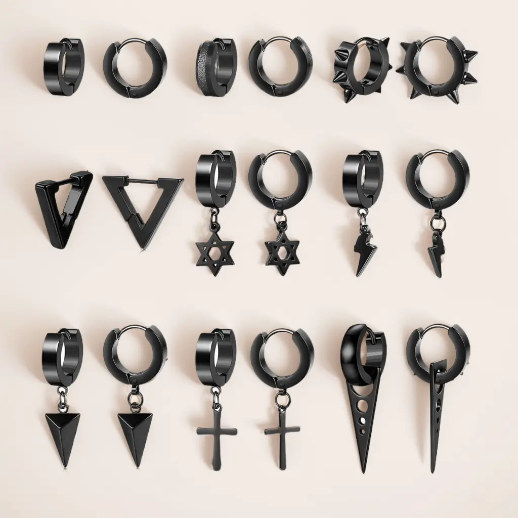 MILACOLATO 9-Pair Stainless Steel 14MM Small Black Kpop Huggie Dangle Earrings Set, Triangle Cross Hinged, Trendy Jewelry for Women & Men, Artificial Gemstone Dangle Hoop Jewelry Accessories, Dangle Hoop Earrings