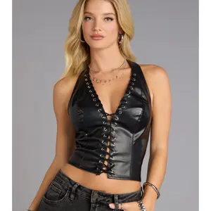 Alluring Edge Faux Leather Lace-Up Halter Top