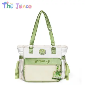 The Junco Cute Kiwi Ribbon 4-Way Ita Bag, Cottagecore Matcha Green Satin Backpack-Satchel, 3D Embroidery Merch Window for 12.9 iPad, Preppy School & Travel Tote