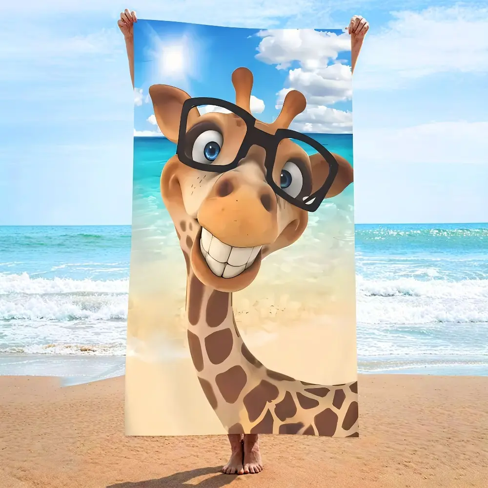 Cartoon giraffe pattern print design, ultra-fine fiber bath towel, beach towel, quick drying, absorbent, soft, suitable for seaside vacations, pool parties, outdoor picnics, surfing, yoga, camping, fitness, sunbathing and other scenes