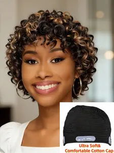 8 Inches Deep Curly Texture Wig, Human Hair Glueless Attachment Wigs, Curly Textured Wigs, Pixie Cut Design Short Wigs with Bangs, Ultra Soft Cotton Cap, 200% Density