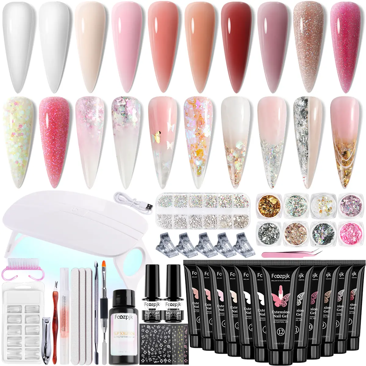 Fcozpjk Poly Gel Nail Kit with UV Light 12Colors Builder Gel Nail Extension Kit for Beginners with Everything Dual Nail Forms Slip Solution   Clipper Gel Brush Pen Chunky Glitter Poly Gel Nail Art Design Starter Kit