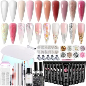 Fcozpjk Poly Gel Nail Kit with UV Light 12Colors Builder Gel Nail Extension Kit for Beginners with Everything Dual Nail Forms Slip Solution   Clipper Gel Brush Pen Chunky Glitter Poly Gel Nail Art Design Starter Kit