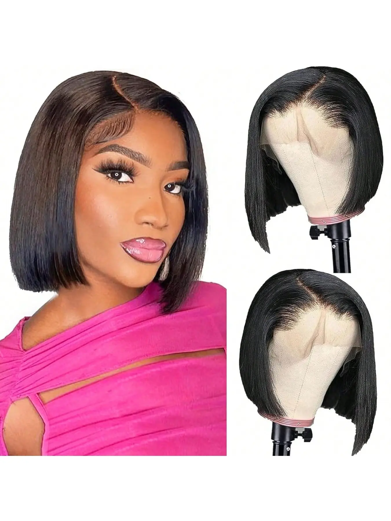 Breathable Lightweight 13X4 Lace Frontal Short Bob Wig Human Hair 180% Density Straight Glueless Pre Plucked Baby Hair Natural Black 12 Inch Summer Trend Wigs Lace Front Bobs