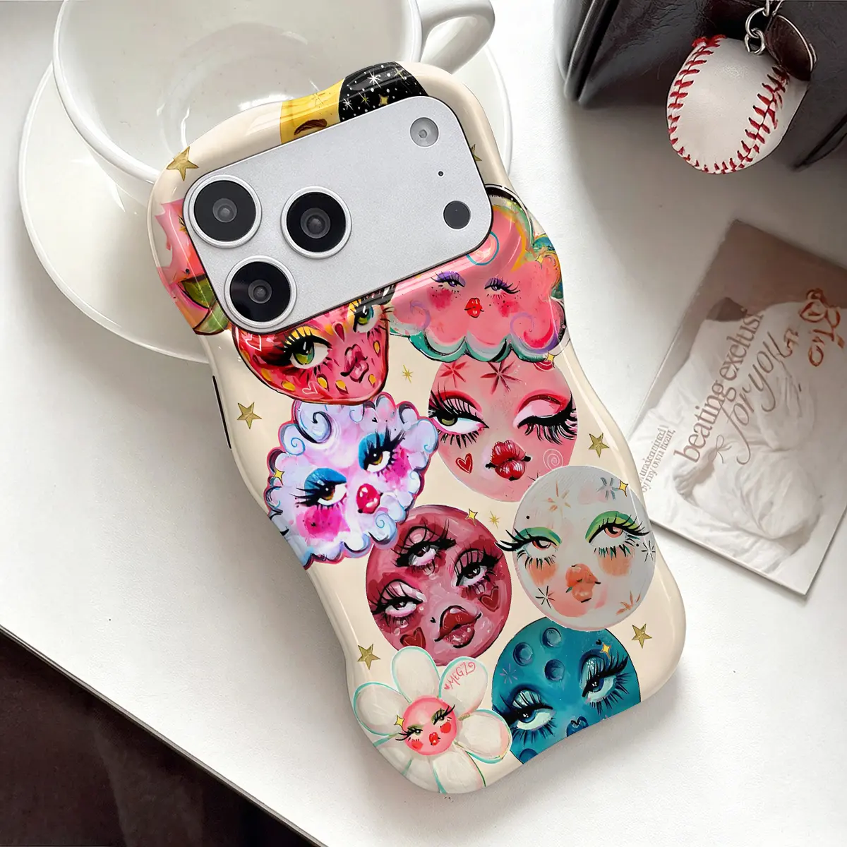 Trippy Face Art Phone Case ,Cute Wavy Curved Edge Glossy Protective Shockproof Rugged Cover, Dual Layer Soft TPU Bumper Hard Shell Design for iPhone 11 12 13 14 15 16 17 Pro Max Air, Weirdcore Aesthetic Psychedelic Print