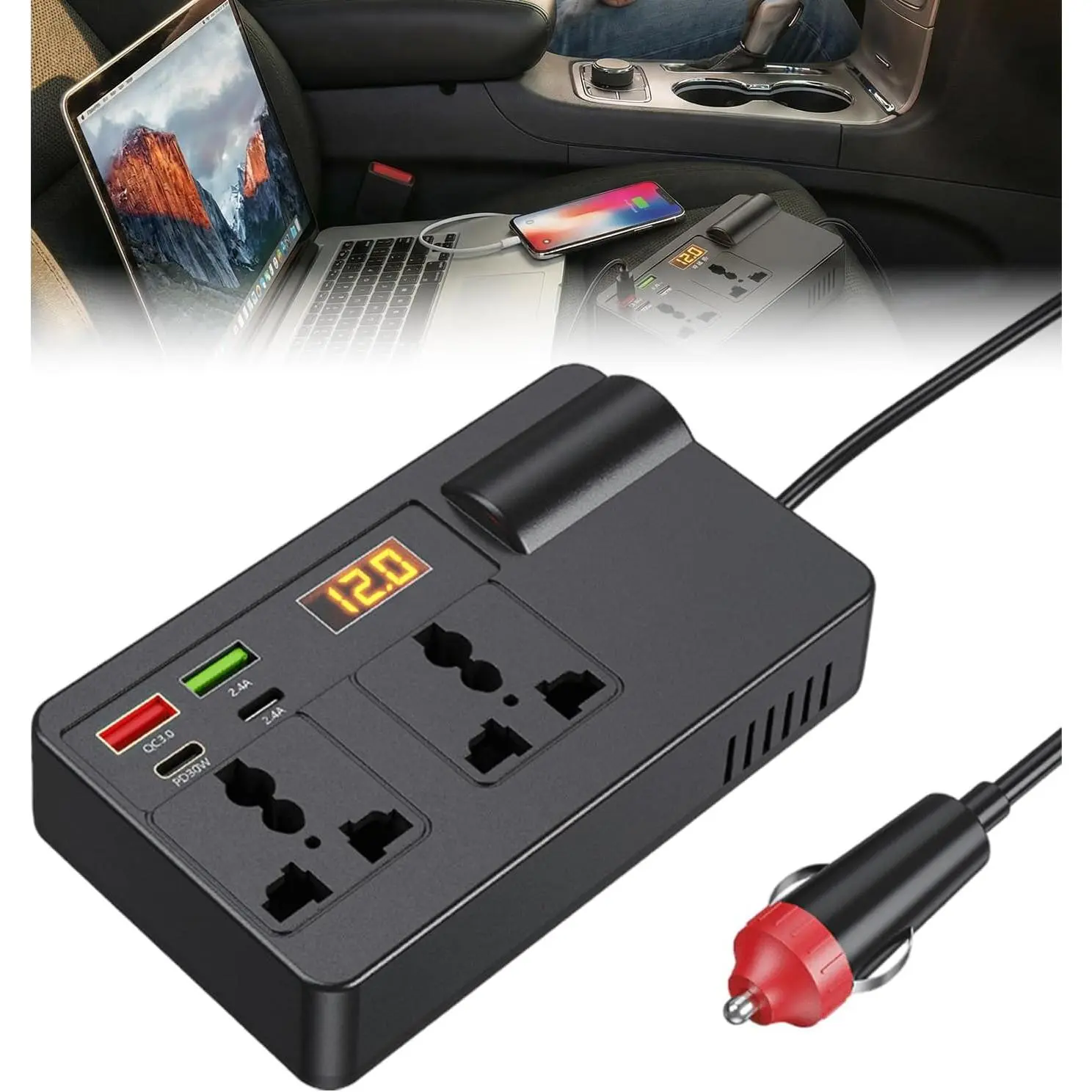 Car Travel Adapter Voltages Converter with Type-C USB-A Port Power Inverter DC12V-24V to 220V Car Plug Adapter Outlet Power Supply