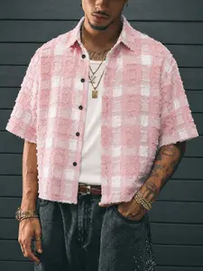 Men's Pink White Plaid Frayed Cropped Shirt Streetwear Casual Button Down Short Sleeve Top For Daily Street Party Wear