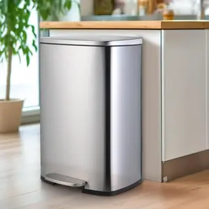 13.2 gal +1.3 gal Rectangular Step Garbage Can Stainless Steel，Kitchen Trash Can with Lid, Stainless Steel Garbage Bin, with Removable Plastic Inner Bucket, Fingerprint-Proof, Lid Dustbin, for Kitchen Home