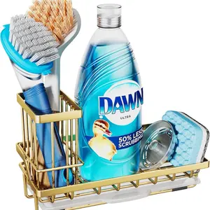 Sink Caddy, Kitchen Sponge Holder + Dish Brush Holder for Kitchen Sink, Sink Organizer with Drip Tray for Countertop, Stainless Steel Rustproof - Gold