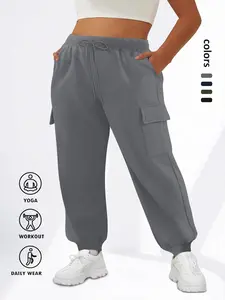 Women's Plus Size Elastic Waist Drawstring Pants, Pocket Design, Polyester Stretchy Fabric, Comfortable Fit All Season Wear