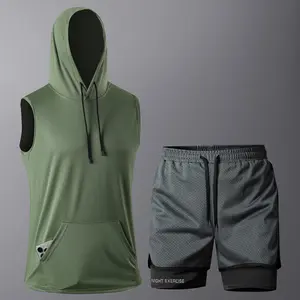 Men’s summer sports casual hooded sleeveless set with shorts—solid-color athletic top that is breathable and comfortable, suitable for outdoor sports, jogging, and other outdoor activities; a fitness essential set.