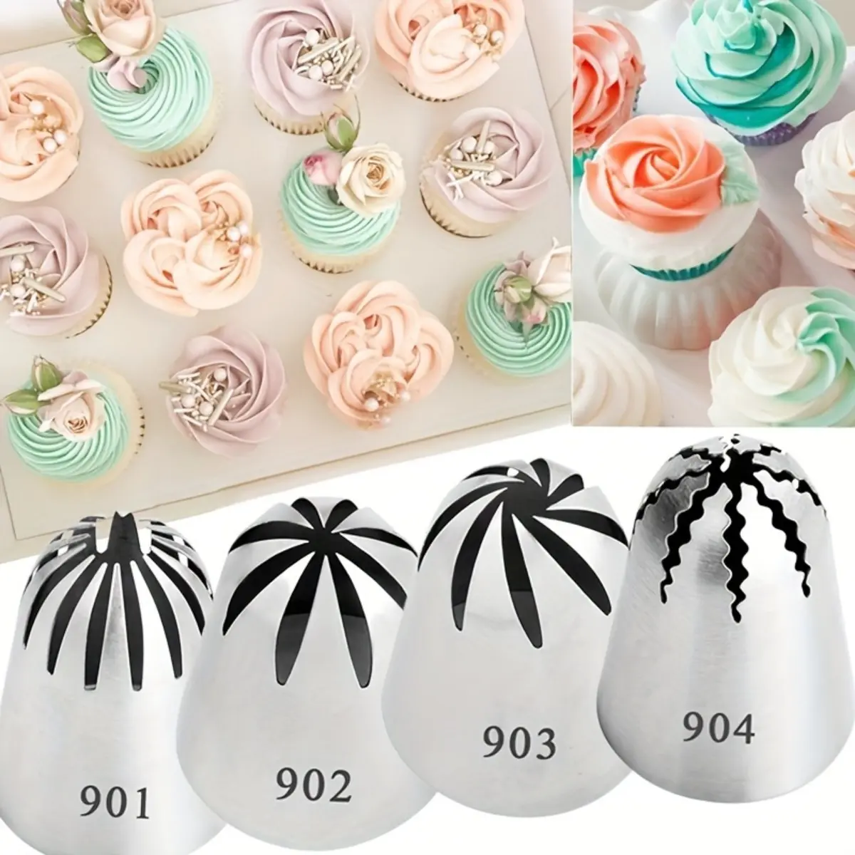 4pcs Extra Large Stainless Steel Decorating Nozzles Set - 901, 902, 903, 904 Cake & Cupcake Decorating Tools for Cream, Cookies & Baking Pans, Pastry Decorating Tools, Cake Decorating Kit, Cake Decoration Tools