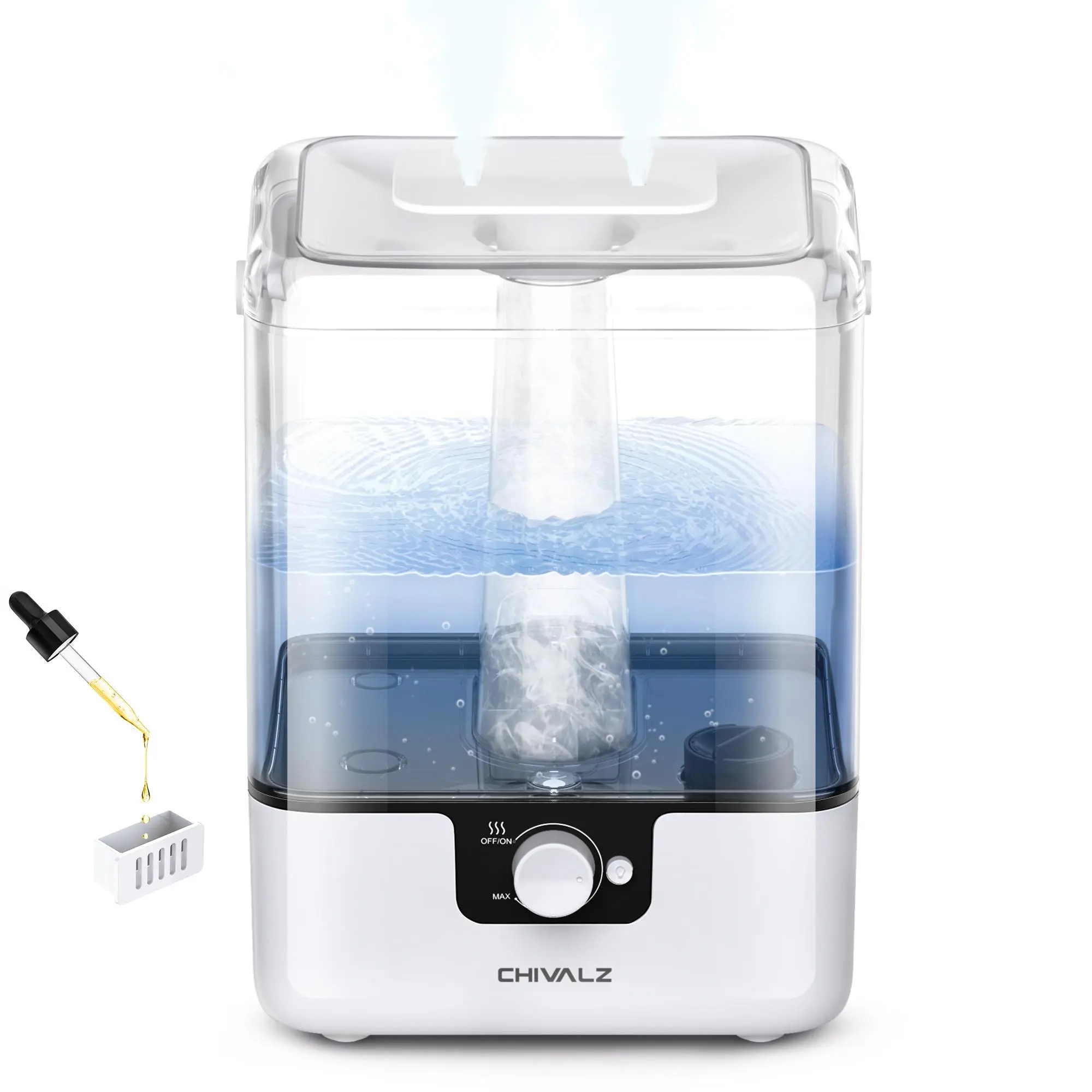 CHIVALZ 6L Top Fill Cool Mist Humidifier - AC-Powered 360 Atomizer Humidifier with Diffuser Essential Oil, Aromatherapy Diffuser, 360° Nozzle, Anti-Dry Burn for Bedroom, Baby Nursery (White)