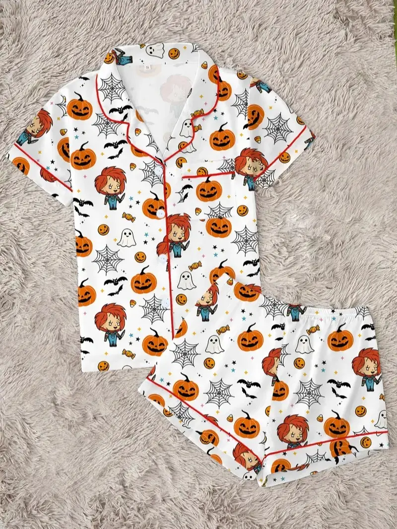 Cute Spooky Season Creepy Doll Pajamas Set Shirt Halloween Pumpkin Gift Comfortable Party Nightwear
