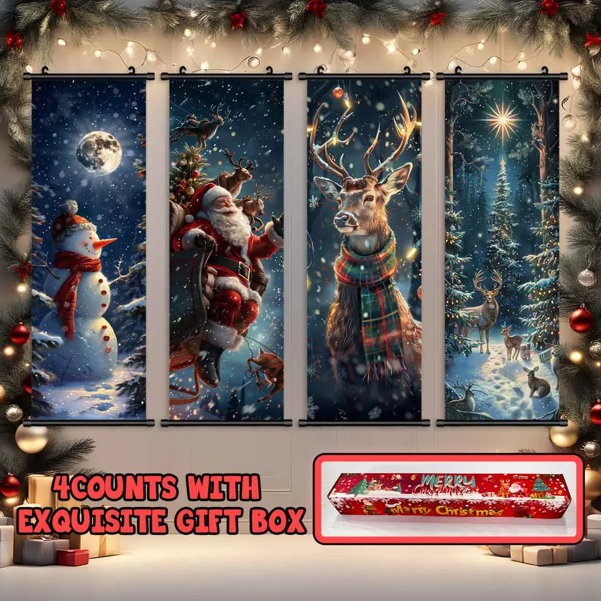 4-Piece Christmas Wall Art Set, Santa Claus Themed Posters, Modern Home Decor, Waterproof HD Prints, Gift Box Packaging