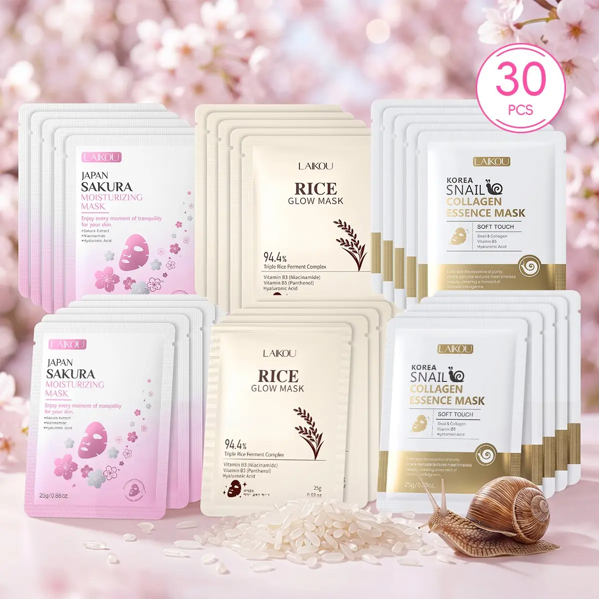LAIKOU 30-Pack Assorted Face Mask Set | Sheet Masks, Sakura, Milk, Rice, Vitamin C & Snail Extract, Hydrating Brightening Nourishing for Glowing Skin Skin Care Products