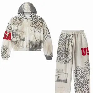 Neutral streetwear white cheetah camouflage zip-up hoodie and sweatpants GARMENTARY