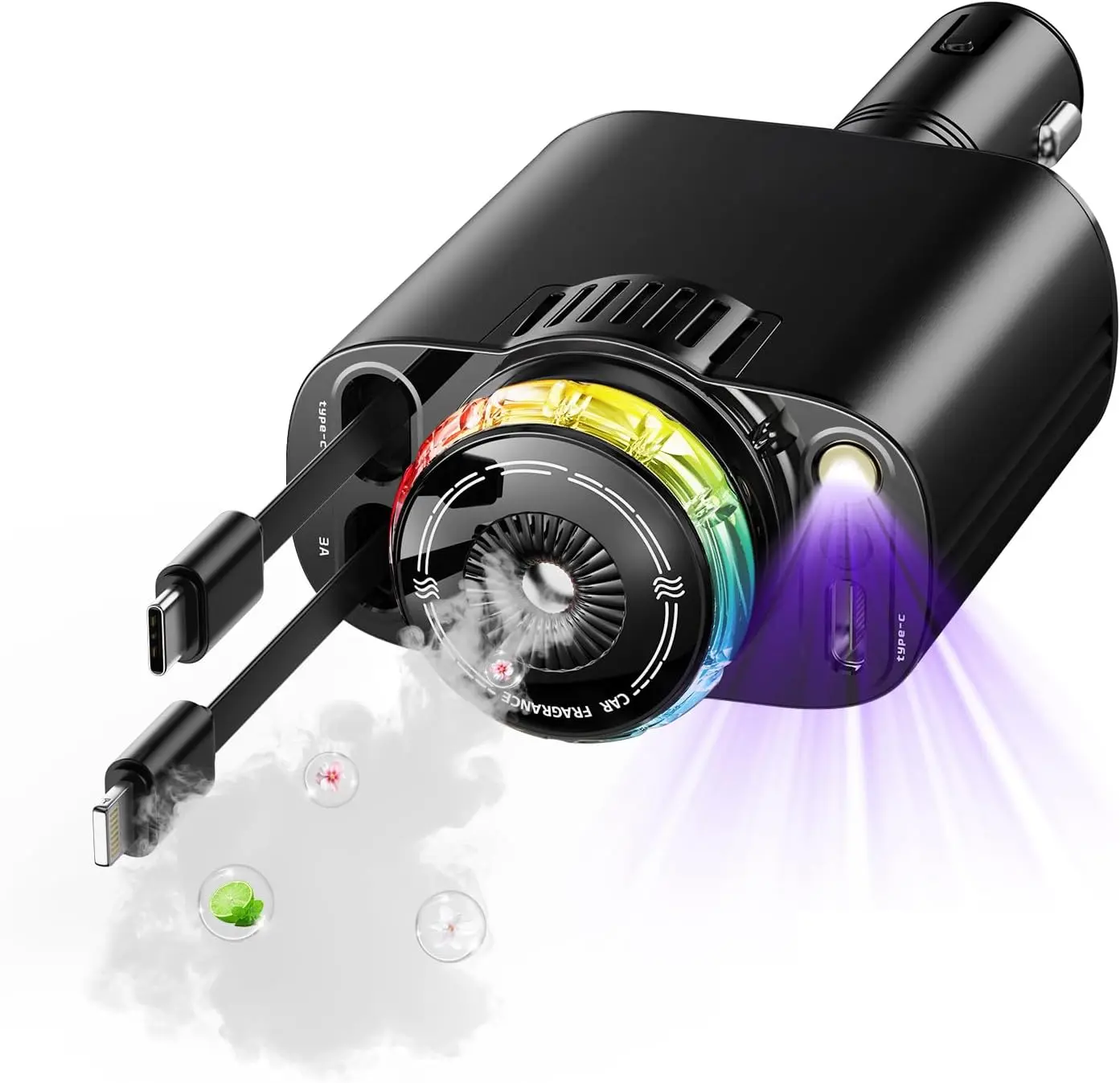 Aromatherapy 5 in 1 Retractable Car Charger with Starlight, USB C Car Charger Adapter and 2 USB Ports, Aroma Starry Sky Car Air Freshener Diffuser Fast Charging Compatible with iPhone 16 15 14 13 12,back to school,back to school haul