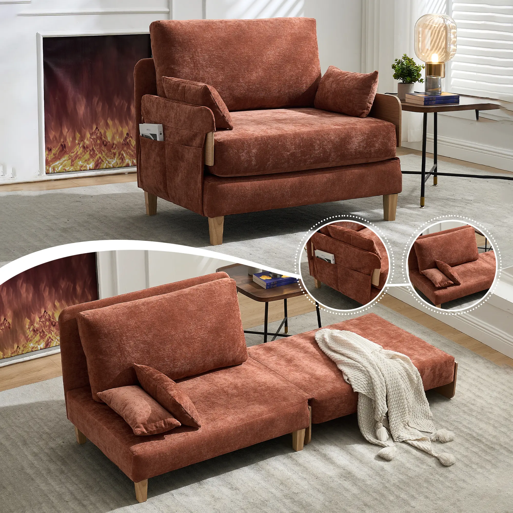 Foldable sofa bed recliner, 3-in-1 convertible sleeper, mid-century modern decor, suitable for small spaces, with three pillows, can be placed in the bedroom study room guest