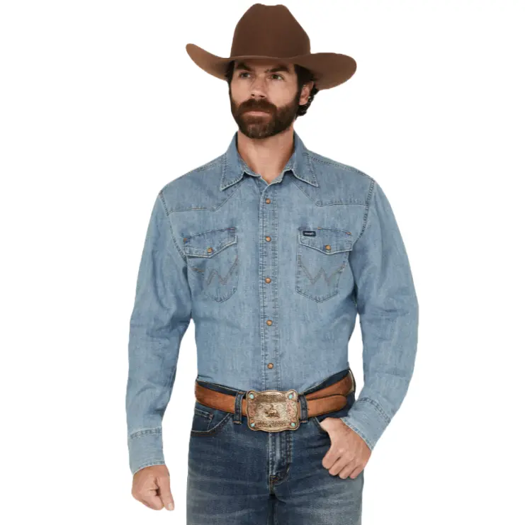 Wrangler Men's Classic Cotton Casual Plain Western Light Wash Denim Snap-Button Collared Down Shirt, Menswear Top 112361699