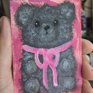 ACEO Original Art Acrylic Painting Cute Brown Teddy Bear with Pink Ribbon