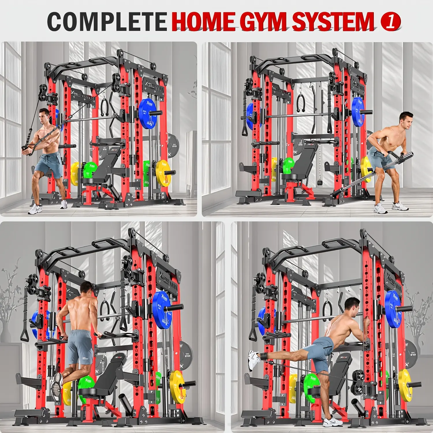[Smith Machine System] Smith Machine with Cable Crossover System, Multi-Function Power Cage Squat Rack for Home Gym, Power Rack And Packages Weight Sets.