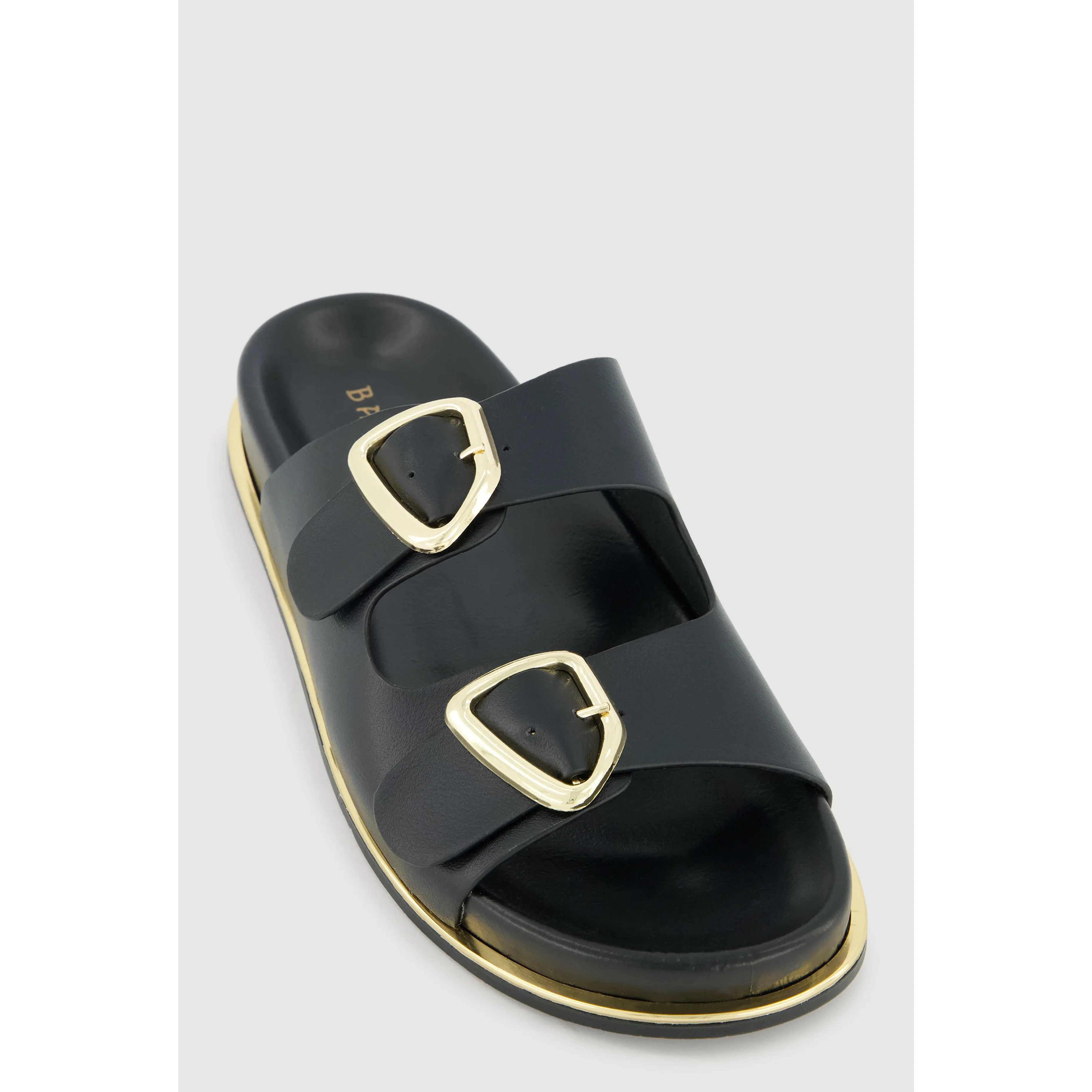 Metallic Double Buckle Slide Sandals