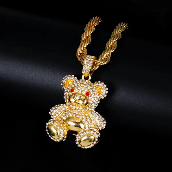 Iced Large Bear Pendant, 8mm Rope Chain Fashion Costume Jewelry Charm
