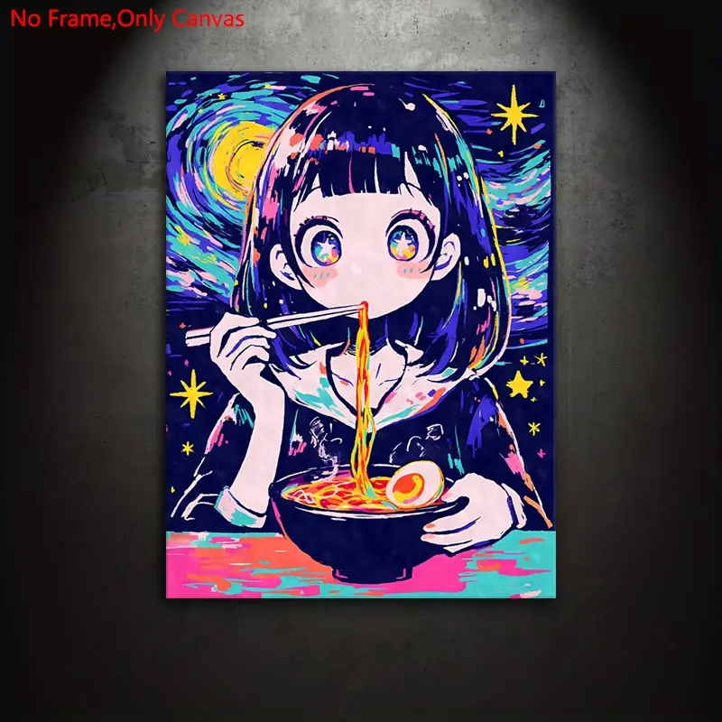 1 Piece/Set Frameless Canvas Print, Unframed art print, Classic Fantasy Pop Art, Starry Night ramen Girl, Perfect Gift for Japanese Anime Lovers, Ideal Gift for Home Rooms, Wall Decor