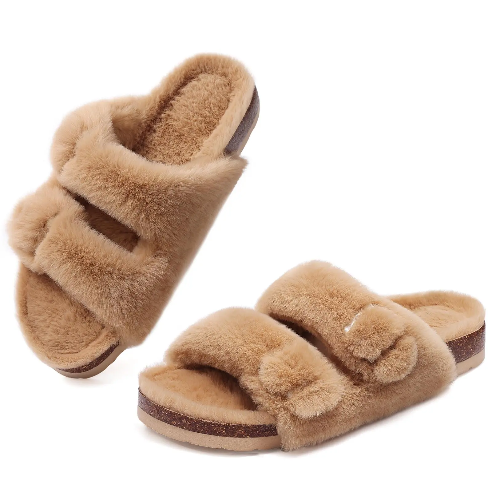 KIDMI Women's Fuzzy Slippers,Cork Footbed Fluffy Slides House Shoes,Warm Inner Lining