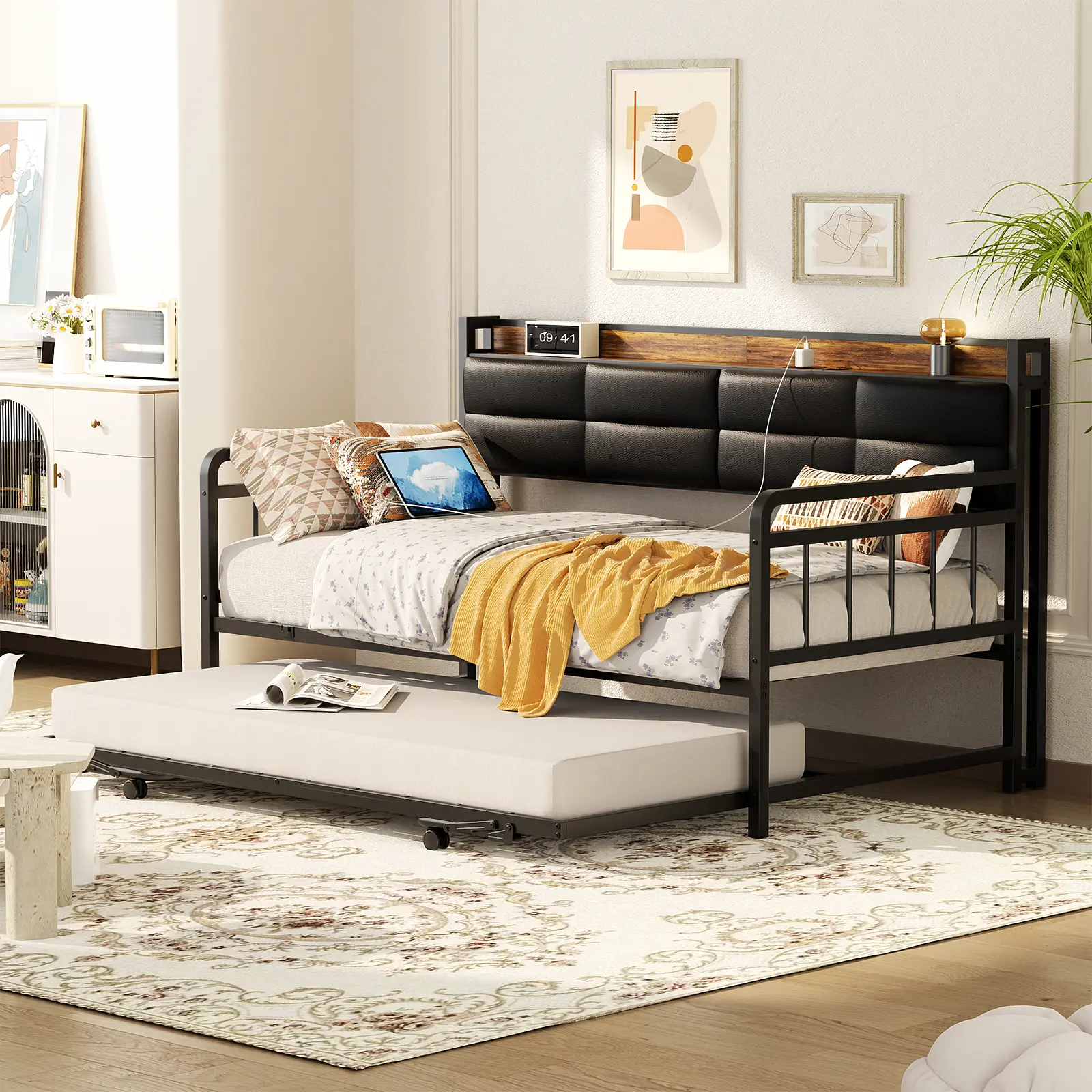 Upholstered Headboard Twin Daybed with Trundle, Daybed with Charging Station, Heavy Duty Metal Twin Bed Frame Pop-up Trundle Bed for Living Room, Bedroom and Guest Room