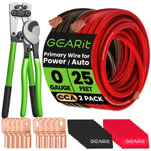 GEARit 0 Gauge CCA Ground Wire Kit - 25 ft Black & Red with Crimper, Cutter, Lugs, Heat Shrink