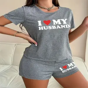 Women I Love My Husband Printed Short Sleeve Pajama Set Casual Crew Neck Short Length All Season Comfort Sports Dresses