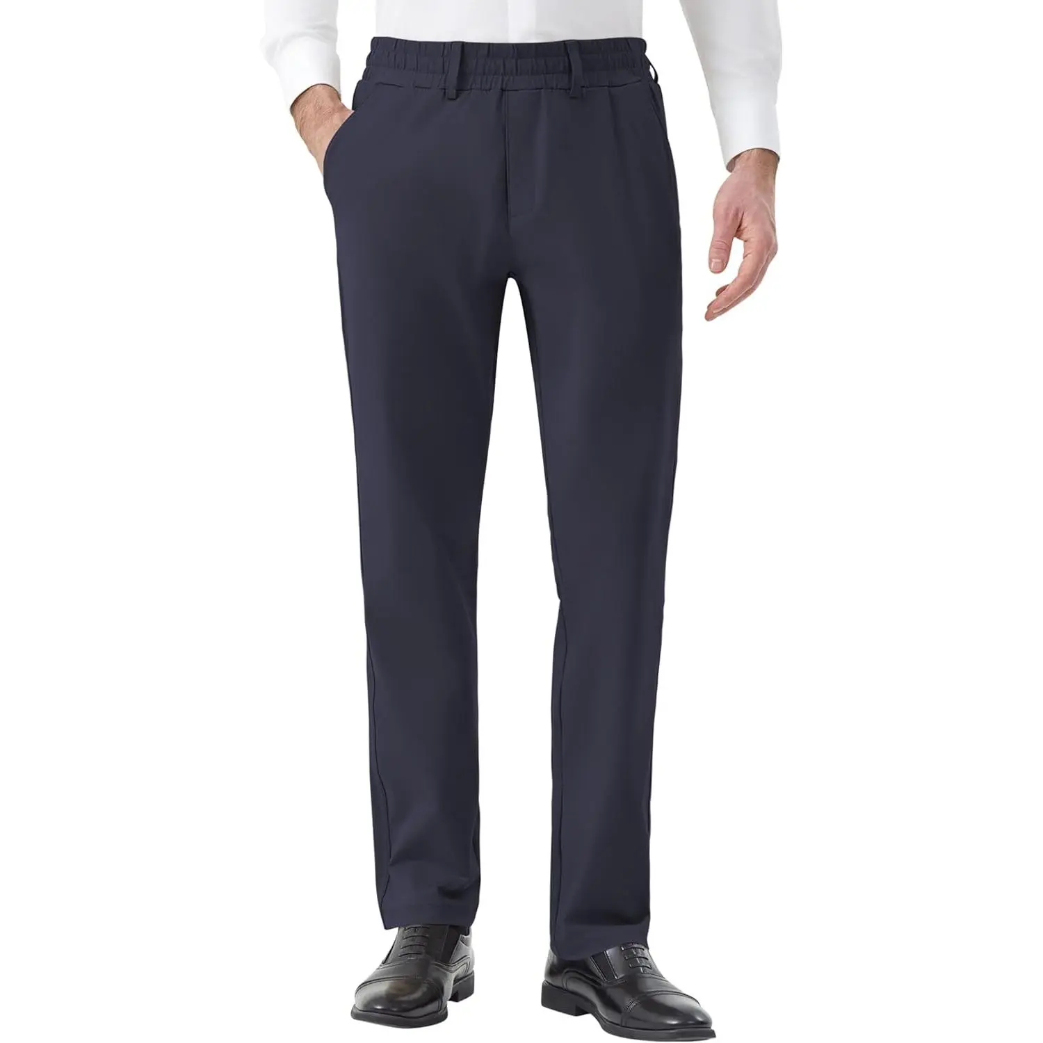 Men's Polyester Knitted Stretch Elastic Waist Pants with Magnetic Closure, Pockets - Menswear for Business Casual, Formal Occasions