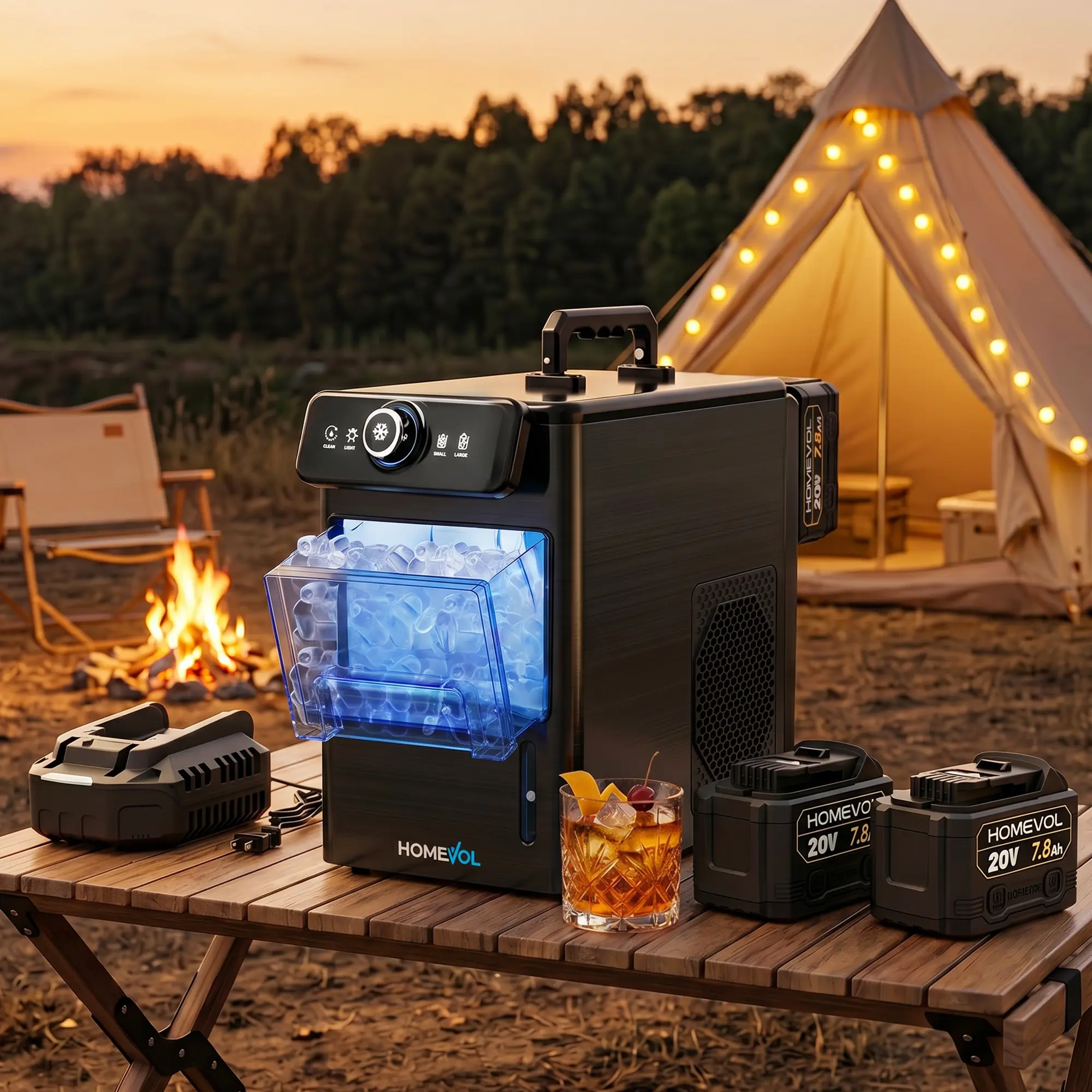 HOMEVOL Compact Adjustable Rectangular Cordless Portable Ice Maker - Dewalt-Compatible Steel & Plastic Machine with Scoop, 2×20V Max 7.8Ah Rechargeable Cells, Battery Charger, Self-Cleaning, Ac or Battery Use, Up to 4.5h Ice for Home, Outdoor Camping, Inc