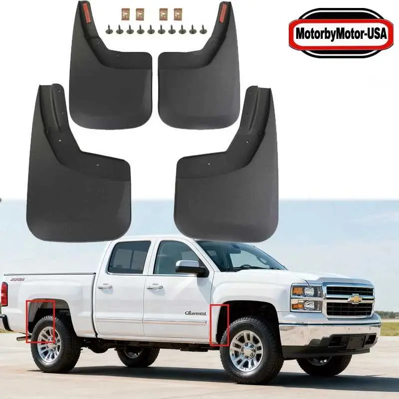 4-Piece Black Durable Polypropylene+TPO Mud Flaps & Splash Guards Set, Automotive Car Accessories Protector for Chevy Silverado 1500/2500/3500 HD 2014-2018 Pickup Truck, Front & Rear Panels, OE Fitment, All-Weather, No-Drilling, Full Installation Kit, All
