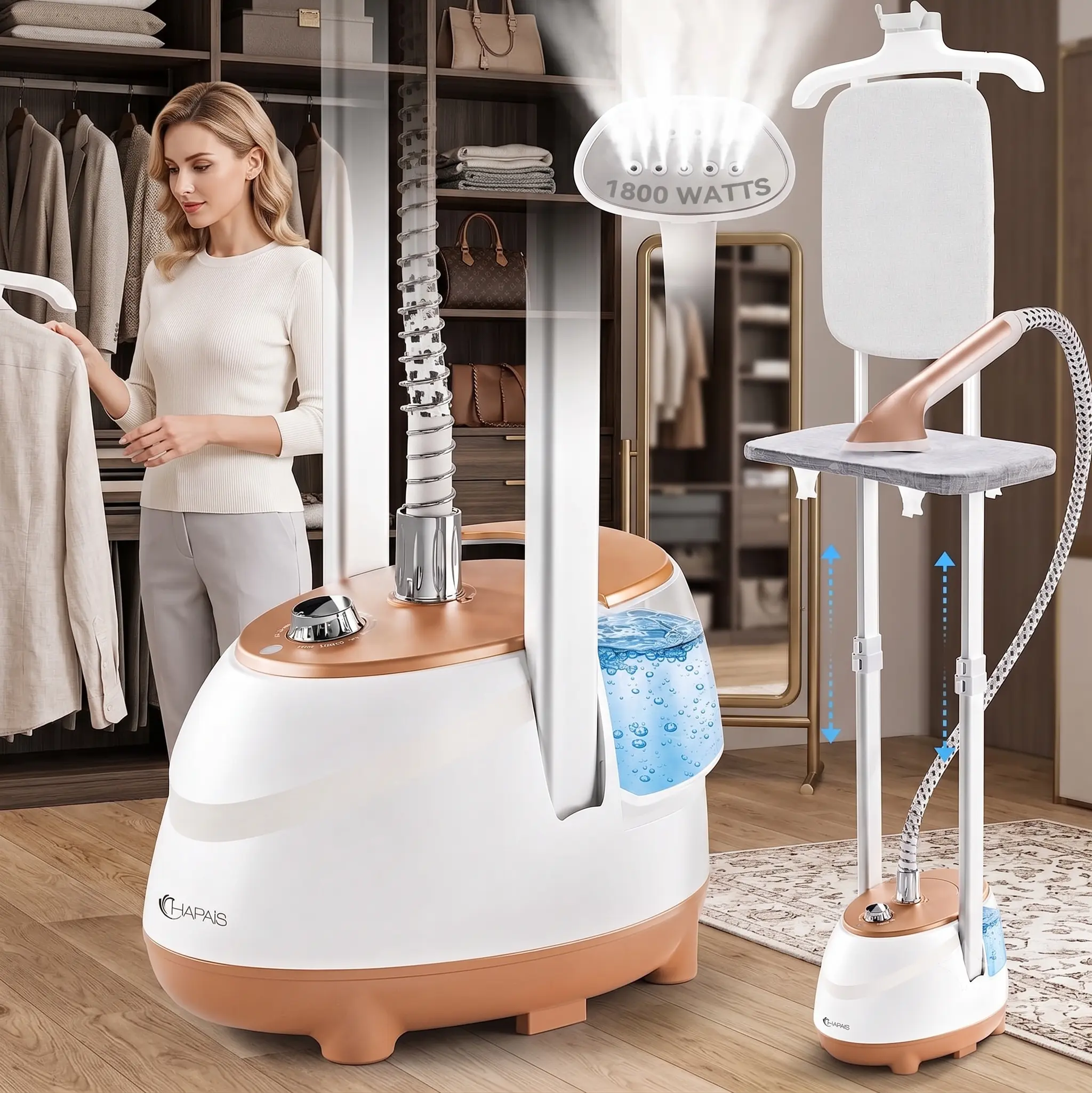 Steamer for Clothes, 1800W Standing Clothes Steamer, 30s Quick Heating, 2-in-1 Flat & Hanging with Double Support Rod, Leak-Proof for Suits & Delicate Fabrics