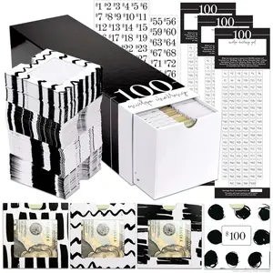 100 Envelope $5,050  Saving Challenge Kit | 108  Card Stock  Stuffing Envelopes w/Clear Plastic Window, Stickers, 3 Goal/Mark-off Sheets, & Drawer Box (Dots & Lines)
