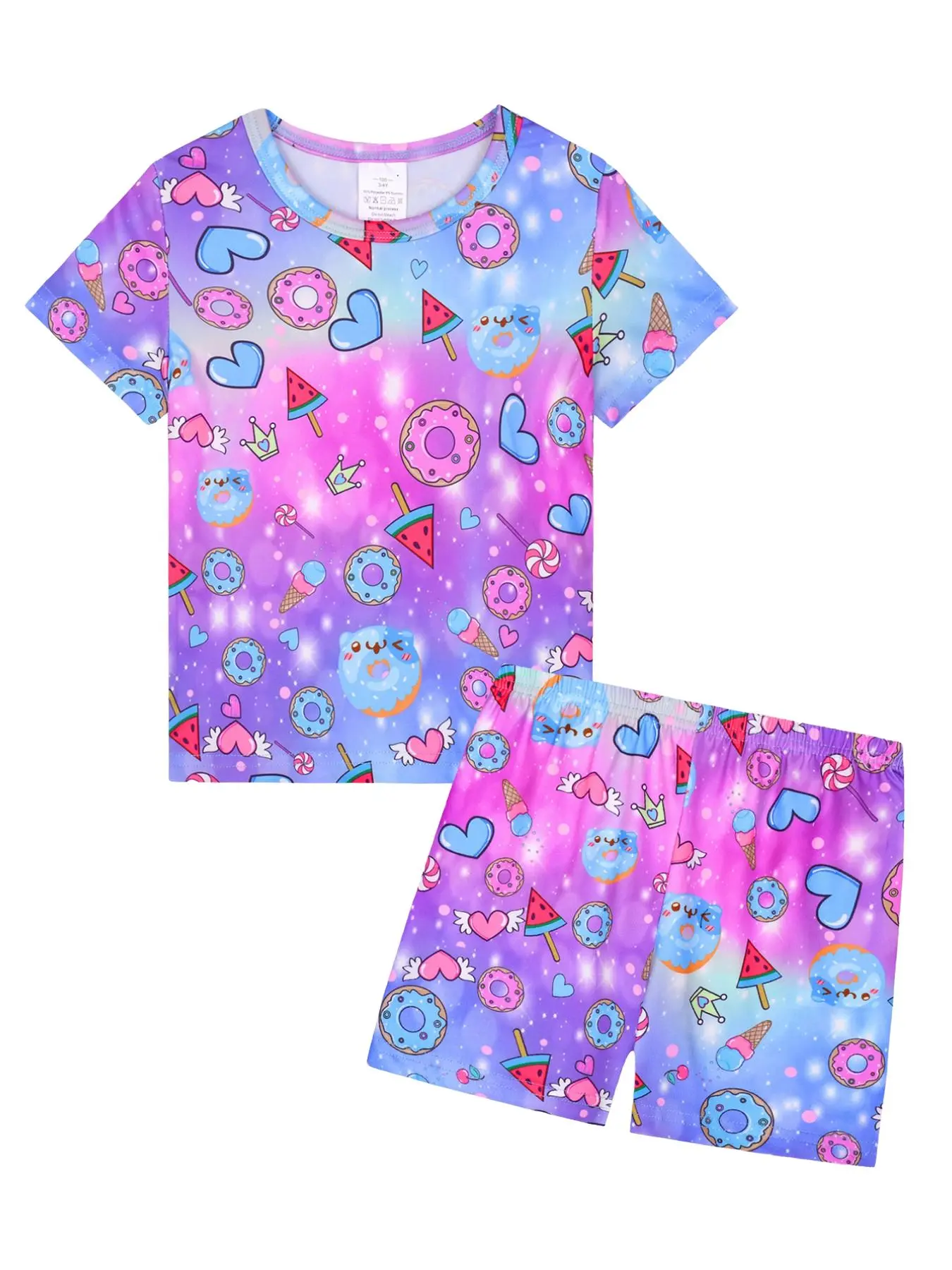 Girls Round Neck Short Sleeve Shorts Pajama Set, Donut Watermelon Print, Casual Soft Comfortable Homewear, Fitted Style, Pastel Cute Pajamas, Cartoon Print Sleepwear, Printed Sleepwear Set, Cartoon Pattern Pajamas