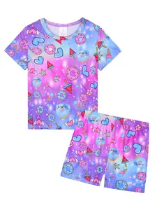 Girls Round Neck Short Sleeve Shorts Pajama Set, Donut Watermelon Print, Casual Soft Comfortable Homewear, Fitted Style, Pastel Cute Pajamas, Cartoon Print Sleepwear